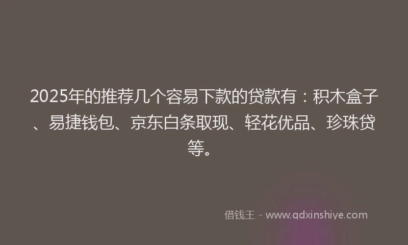 2025年的推荐几个容易下款的贷款有：积木盒子、易捷钱包、京东白条取现、轻花优品、珍珠贷等。