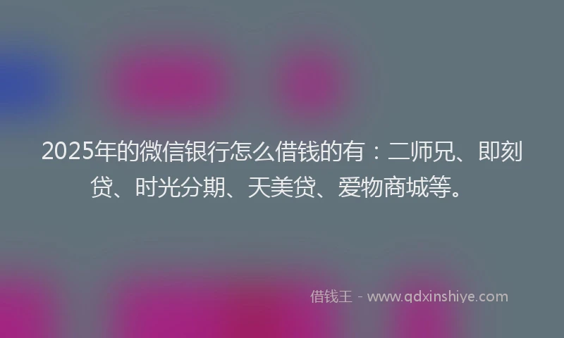 2025年的微信银行怎么借钱的有：二师兄、即刻贷、时光分期、天美贷、爱物商城等。