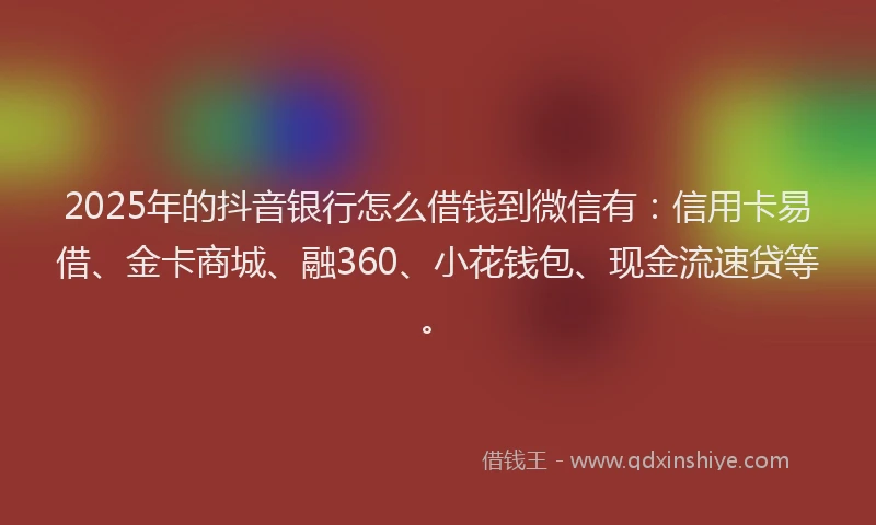 2025年的抖音银行怎么借钱到微信有：信用卡易借、金卡商城、融360、小花钱包、现金流速贷等。