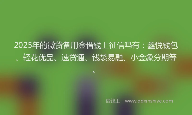 2025年的微贷备用金借钱上征信吗有：鑫悦钱包、轻花优品、速贷通、钱袋易融、小金象分期等。