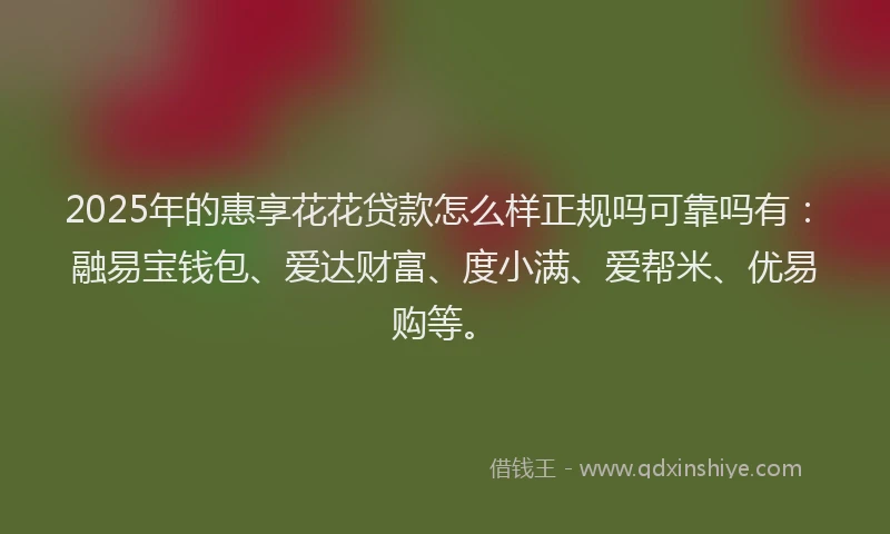 2025年的惠享花花贷款怎么样正规吗可靠吗有：融易宝钱包、爱达财富、度小满、爱帮米、优易购等。