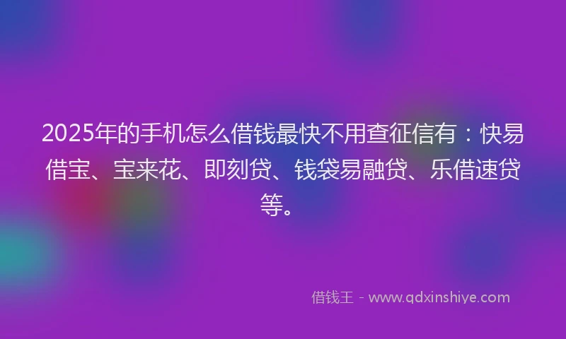 2025年的手机怎么借钱最快不用查征信有：快易借宝、宝来花、即刻贷、钱袋易融贷、乐借速贷等。