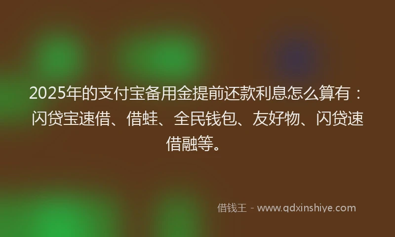 2025年的支付宝备用金提前还款利息怎么算有：闪贷宝速借、借蛙、全民钱包、友好物、闪贷速借融等。