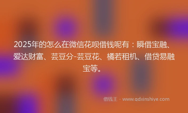 2025年的怎么在微信花呗借钱呢有：瞬借宝融、爱达财富、芸豆分-芸豆花、橘若租机、借贷易融宝等。