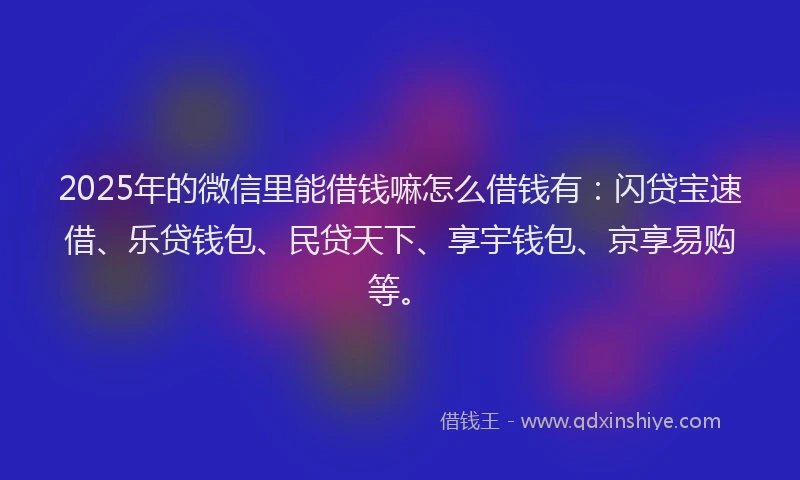 2025年的微信里能借钱嘛怎么借钱有：闪贷宝速借、乐贷钱包、民贷天下、享宇钱包、京享易购等。