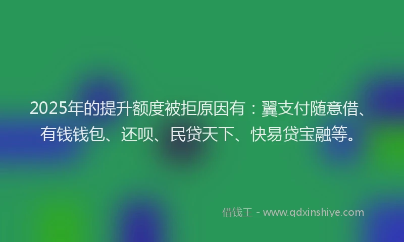 2025年的提升额度被拒原因有：翼支付随意借、有钱钱包、还呗、民贷天下、快易贷宝融等。