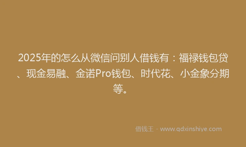 2025年的怎么从微信问别人借钱有：福禄钱包贷、现金易融、金诺Pro钱包、时代花、小金象分期等。