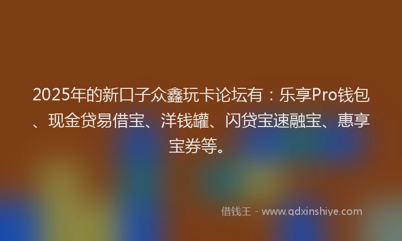 2025年的新口子众鑫玩卡论坛有：乐享Pro钱包、现金贷易借宝、洋钱罐、闪贷宝速融宝、惠享宝券等。
