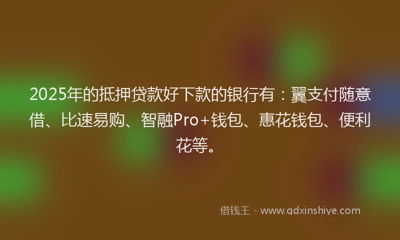 2025年的抵押贷款好下款的银行有：翼支付随意借、比速易购、智融Pro+钱包、惠花钱包、便利花等。