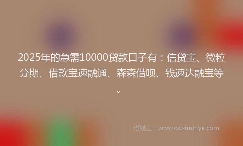 2025年的急需10000贷款口子有：信贷宝、微粒分期、借款宝速融通、森森借呗、钱速达融宝等。