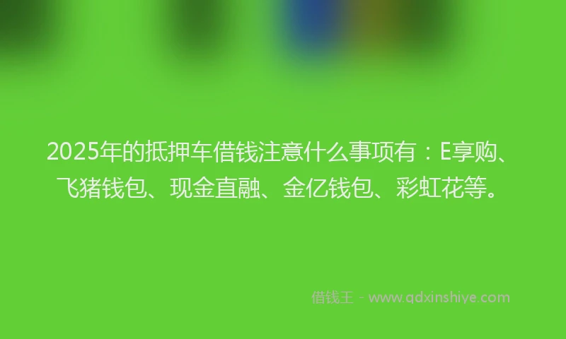 2025年的抵押车借钱注意什么事项有：E享购、飞猪钱包、现金直融、金亿钱包、彩虹花等。