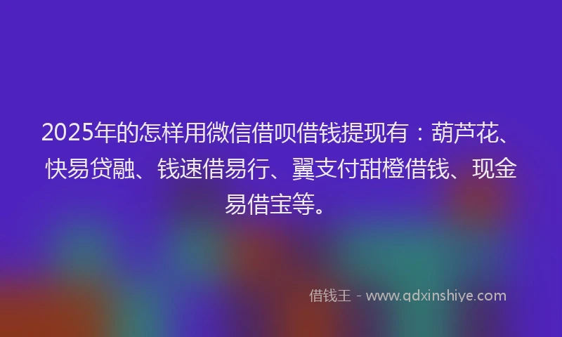 2025年的怎样用微信借呗借钱提现有：葫芦花、快易贷融、钱速借易行、翼支付甜橙借钱、现金易借宝等。