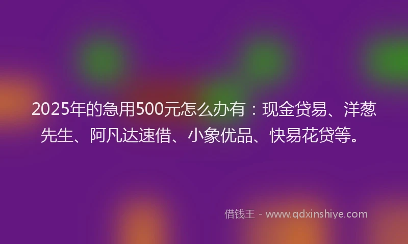 2025年的急用500元怎么办有：现金贷易、洋葱先生、阿凡达速借、小象优品、快易花贷等。