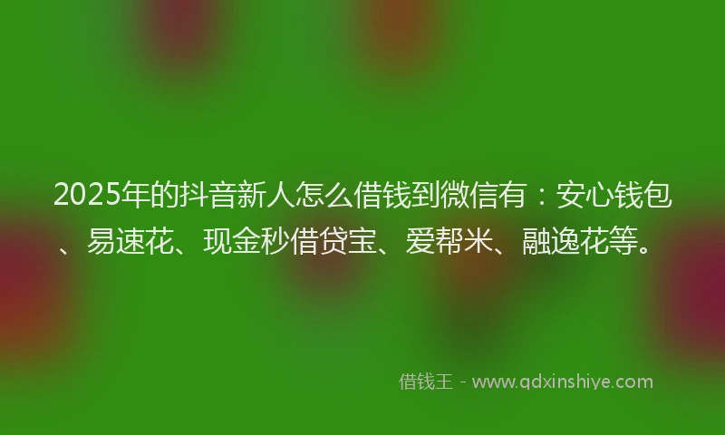2025年的抖音新人怎么借钱到微信有：安心钱包、易速花、现金秒借贷宝、爱帮米、融逸花等。