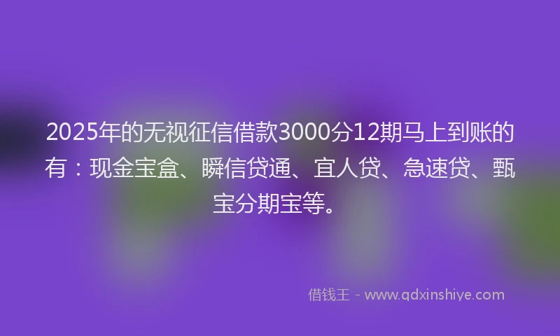 2025年的无视征信借款3000分12期马上到账的有：现金宝盒、瞬信贷通、宜人贷、急速贷、甄宝分期宝等。