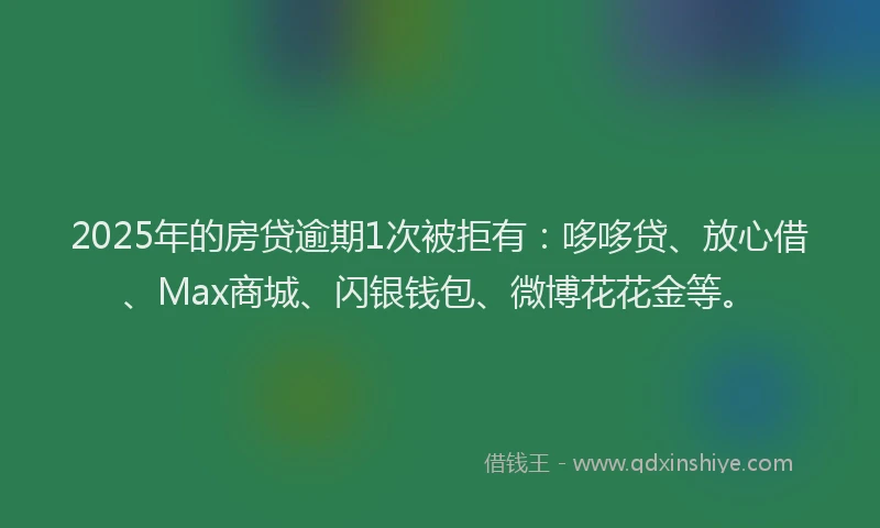 2025年的房贷逾期1次被拒有：哆哆贷、放心借、Max商城、闪银钱包、微博花花金等。