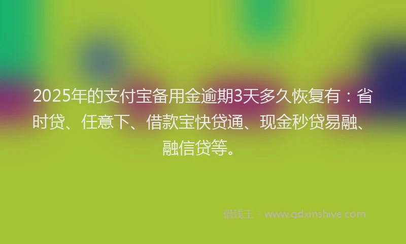 2025年的支付宝备用金逾期3天多久恢复有：省时贷、任意下、借款宝快贷通、现金秒贷易融、融信贷等。