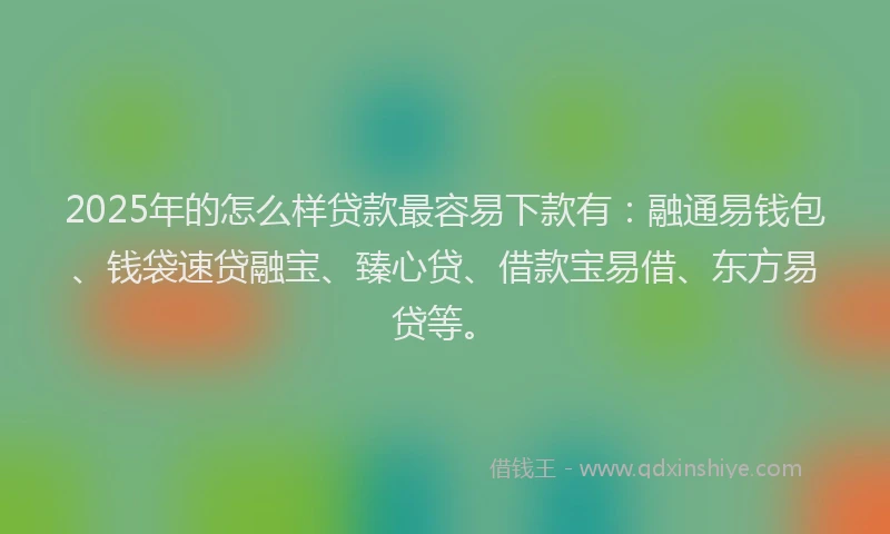 2025年的怎么样贷款最容易下款有：融通易钱包、钱袋速贷融宝、臻心贷、借款宝易借、东方易贷等。