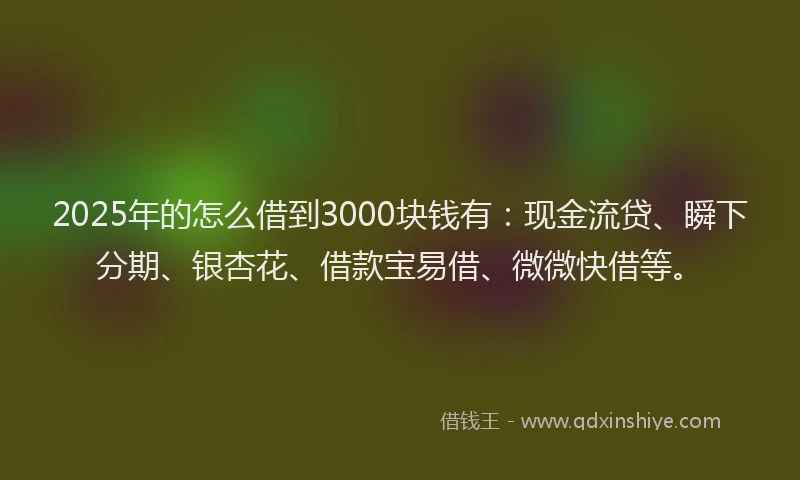 2025年的怎么借到3000块钱有：现金流贷、瞬下分期、银杏花、借款宝易借、微微快借等。