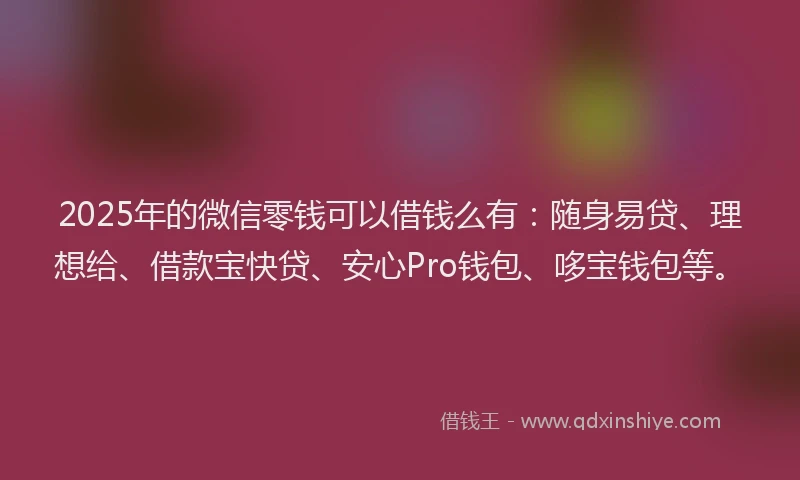 2025年的微信零钱可以借钱么有：随身易贷、理想给、借款宝快贷、安心Pro钱包、哆宝钱包等。
