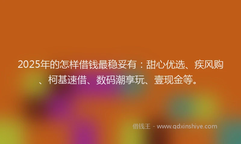 2025年的怎样借钱最稳妥有：甜心优选、疾风购、柯基速借、数码潮享玩、壹现金等。