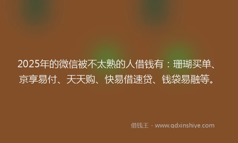 2025年的微信被不太熟的人借钱有：珊瑚买单、京享易付、天天购、快易借速贷、钱袋易融等。