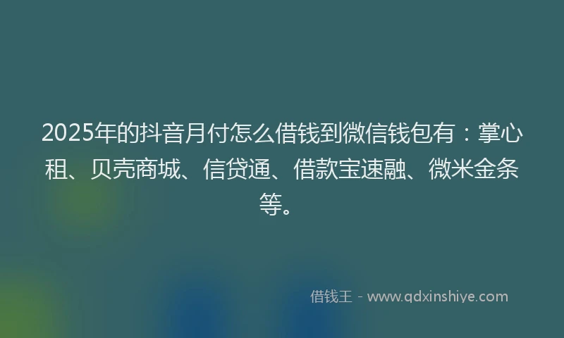 2025年的抖音月付怎么借钱到微信钱包有：掌心租、贝壳商城、信贷通、借款宝速融、微米金条等。
