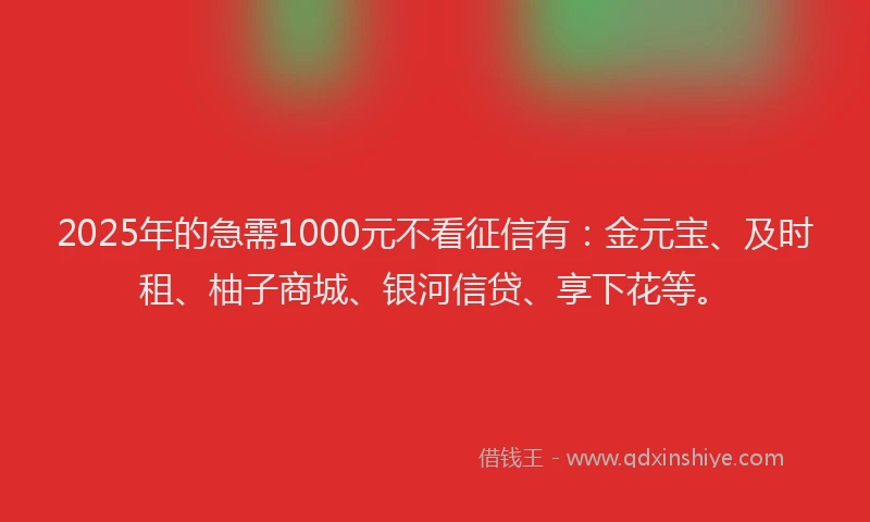2025年的急需1000元不看征信有：金元宝、及时租、柚子商城、银河信贷、享下花等。