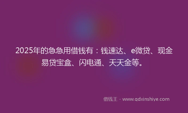 2025年的急急用借钱有：钱速达、e微贷、现金易贷宝盒、闪电通、天天金等。