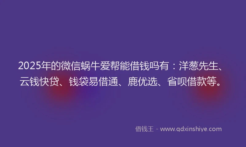 2025年的微信蜗牛爱帮能借钱吗有：洋葱先生、云钱快贷、钱袋易借通、鹿优选、省呗借款等。