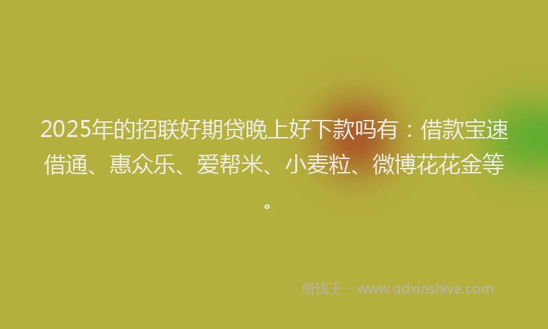 2025年的招联好期贷晚上好下款吗有：借款宝速借通、惠众乐、爱帮米、小麦粒、微博花花金等。