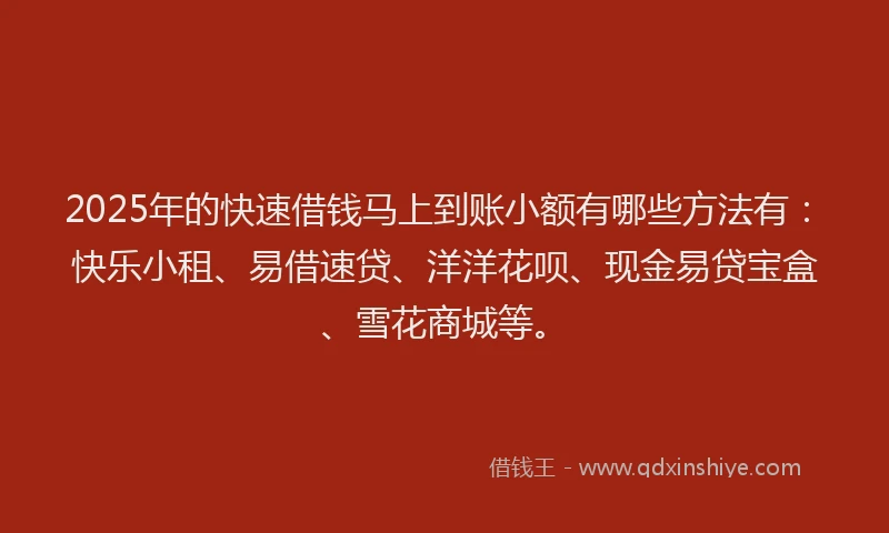 2025年的快速借钱马上到账小额有哪些方法有：快乐小租、易借速贷、洋洋花呗、现金易贷宝盒、雪花商城等。