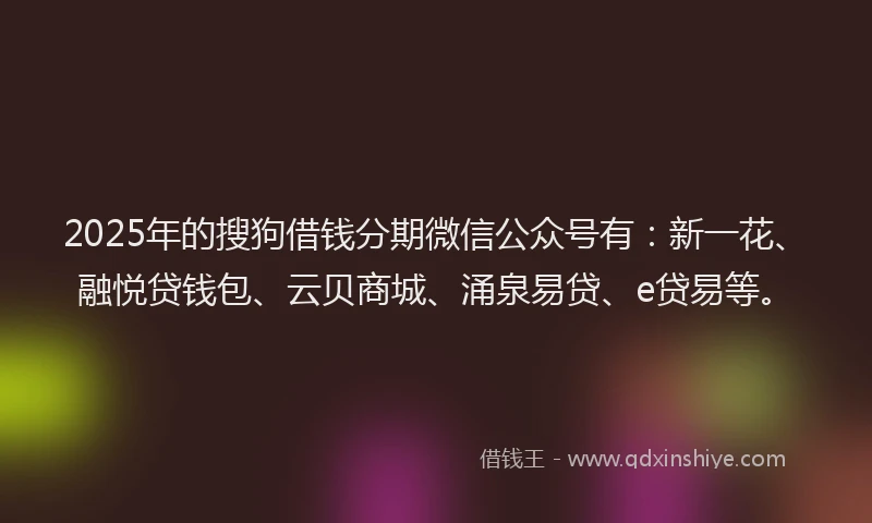 2025年的搜狗借钱分期微信公众号有：新一花、融悦贷钱包、云贝商城、涌泉易贷、e贷易等。