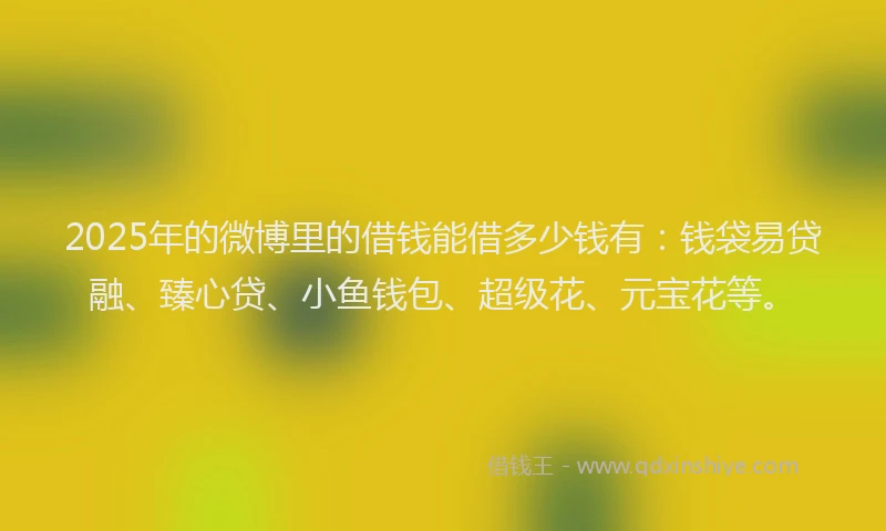 2025年的微博里的借钱能借多少钱有：钱袋易贷融、臻心贷、小鱼钱包、超级花、元宝花等。