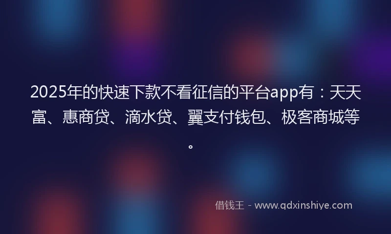 2025年的快速下款不看征信的平台app有：天天富、惠商贷、滴水贷、翼支付钱包、极客商城等。