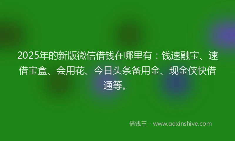 2025年的新版微信借钱在哪里有：钱速融宝、速借宝盒、会用花、今日头条备用金、现金侠快借通等。