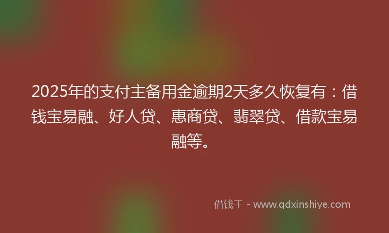 2025年的支付主备用金逾期2天多久恢复有：借钱宝易融、好人贷、惠商贷、翡翠贷、借款宝易融等。