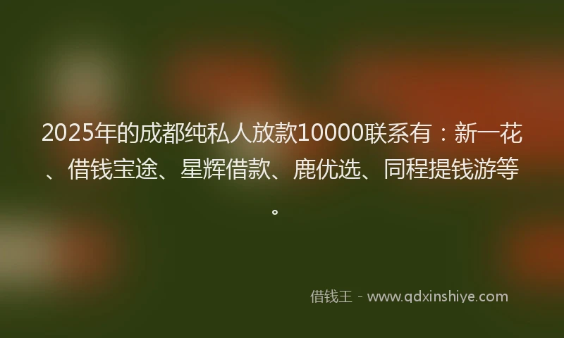2025年的成都纯私人放款10000联系有：新一花、借钱宝途、星辉借款、鹿优选、同程提钱游等。