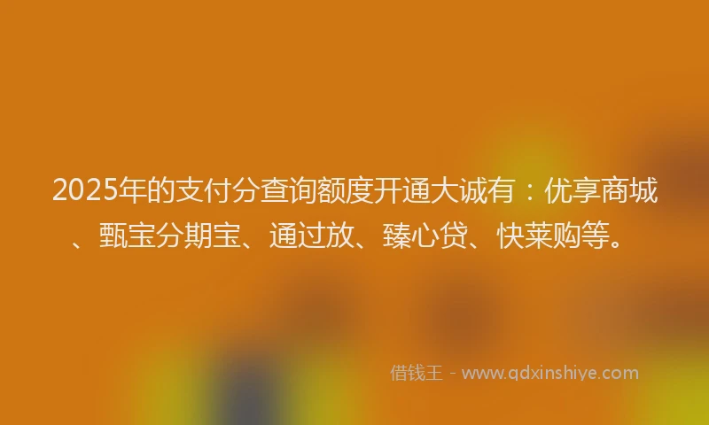 2025年的支付分查询额度开通大诚有：优享商城、甄宝分期宝、通过放、臻心贷、快莱购等。
