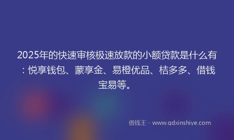 2025年的快速审核极速放款的小额贷款是什么有：悦享钱包、蒙享金、易橙优品、桔多多、借钱宝易等。