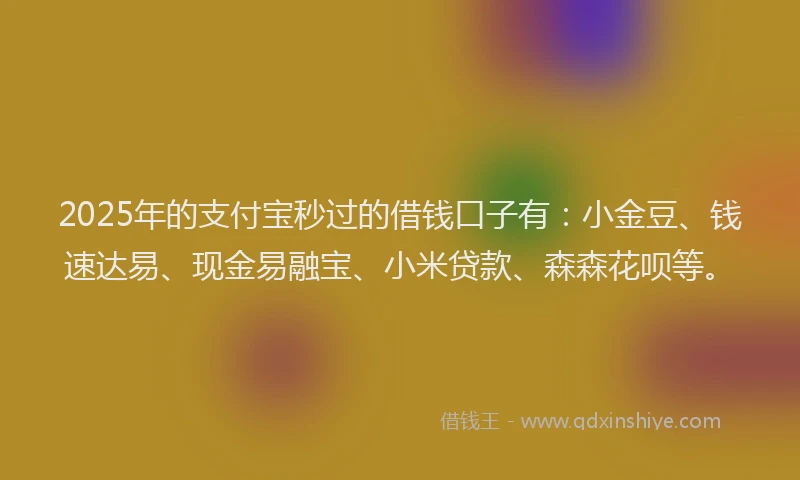 2025年的支付宝秒过的借钱口子有：小金豆、钱速达易、现金易融宝、小米贷款、森森花呗等。