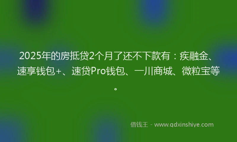 2025年的房抵贷2个月了还不下款有：疾融金、速享钱包+、速贷Pro钱包、一川商城、微粒宝等。