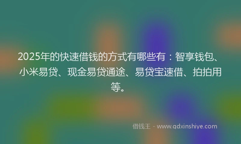 2025年的快速借钱的方式有哪些有：智享钱包、小米易贷、现金易贷通途、易贷宝速借、拍拍用等。