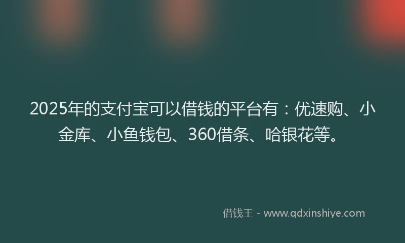 2025年的支付宝可以借钱的平台有：优速购、小金库、小鱼钱包、360借条、哈银花等。