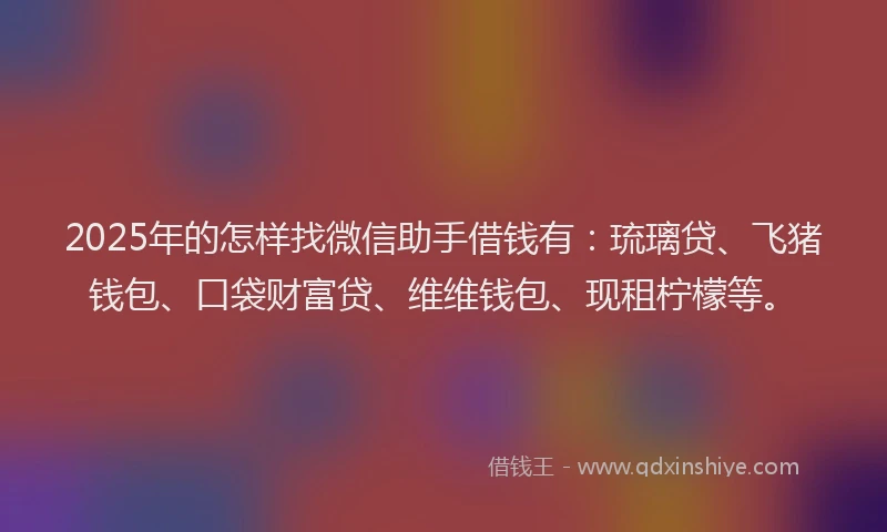 2025年的怎样找微信助手借钱有：琉璃贷、飞猪钱包、口袋财富贷、维维钱包、现租柠檬等。