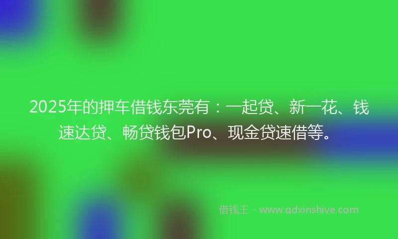 2025年的押车借钱东莞有：一起贷、新一花、钱速达贷、畅贷钱包Pro、现金贷速借等。