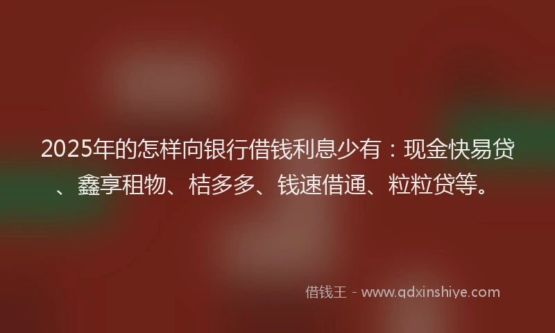 2025年的怎样向银行借钱利息少有：现金快易贷、鑫享租物、桔多多、钱速借通、粒粒贷等。