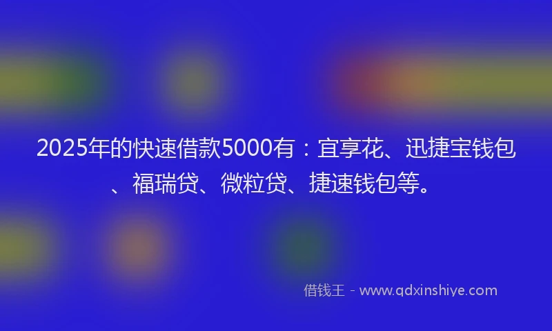 2025年的快速借款5000有：宜享花、迅捷宝钱包、福瑞贷、微粒贷、捷速钱包等。