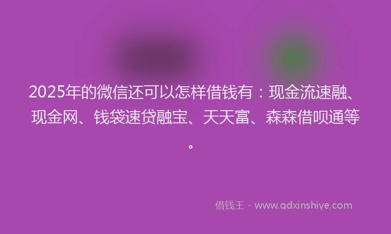 2025年的微信还可以怎样借钱有：现金流速融、现金网、钱袋速贷融宝、天天富、森森借呗通等。