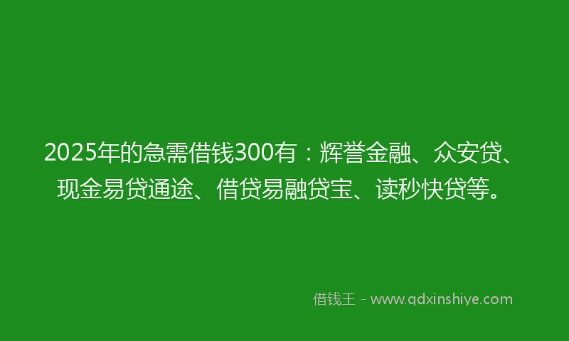2025年的急需借钱300有：辉誉金融、众安贷、现金易贷通途、借贷易融贷宝、读秒快贷等。